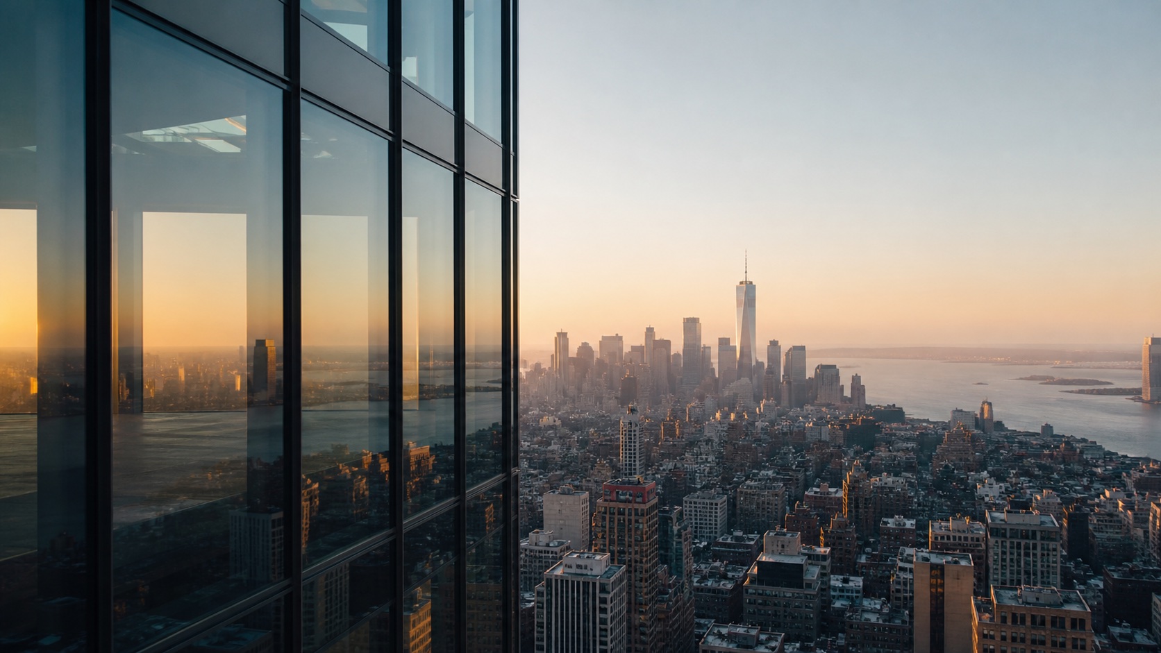 Editorial view of the Manhattan skyline through modern office architecture