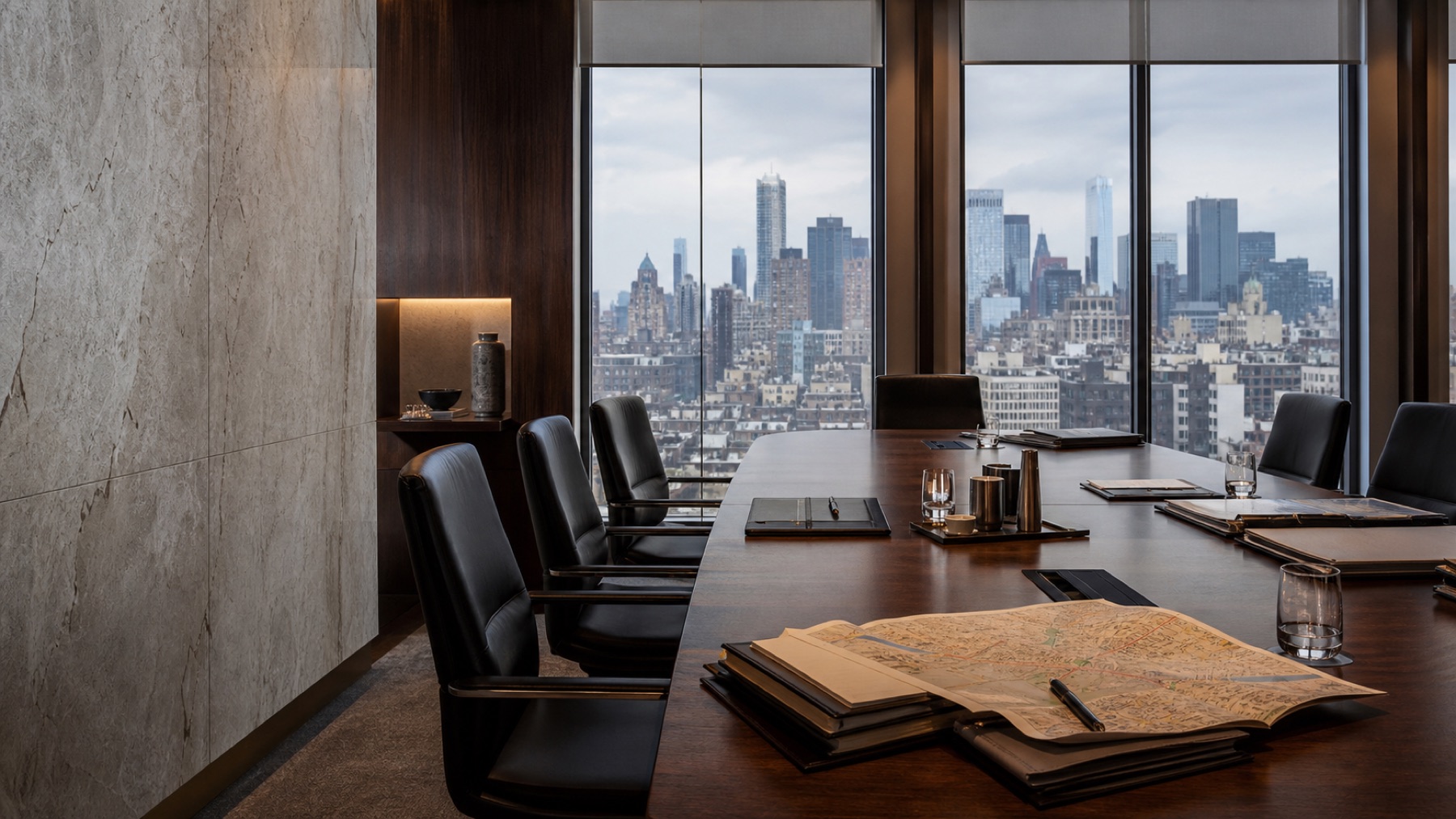 Asteron Ridge boardroom overlooking New York after an investment meeting
