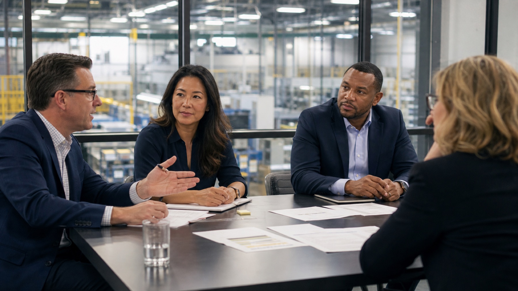 Executive leadership team discussing priorities beside a production facility