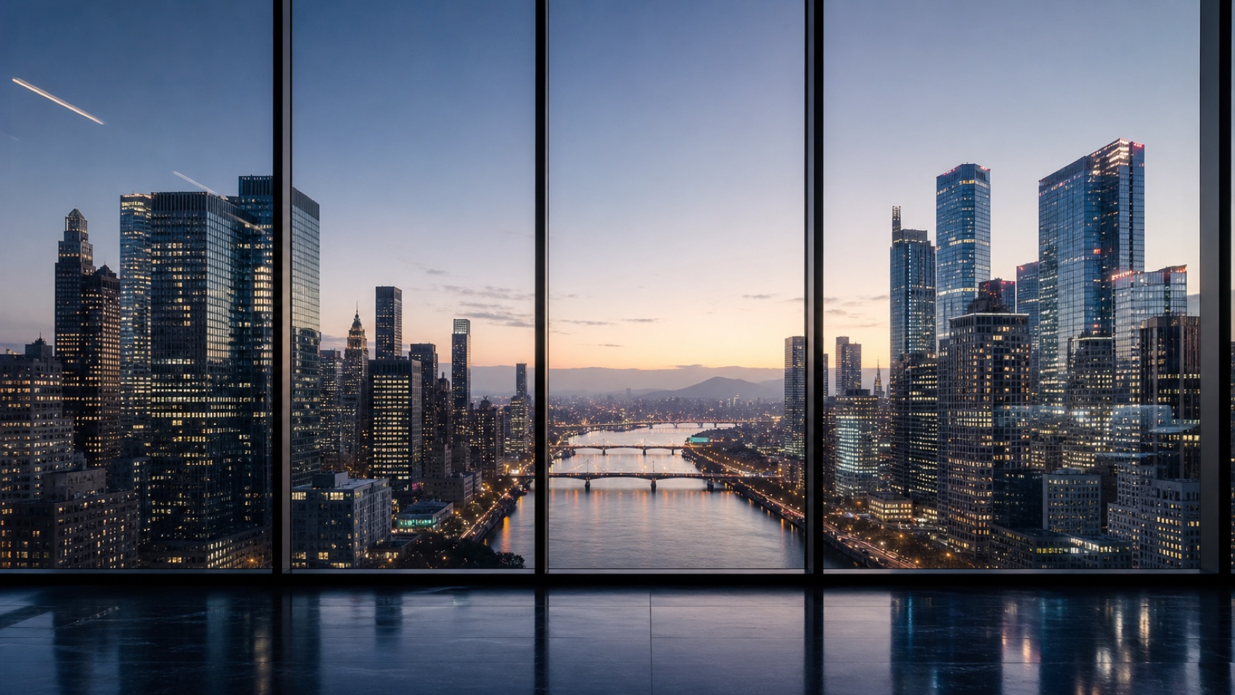 Connected New York and Seoul business districts at blue hour