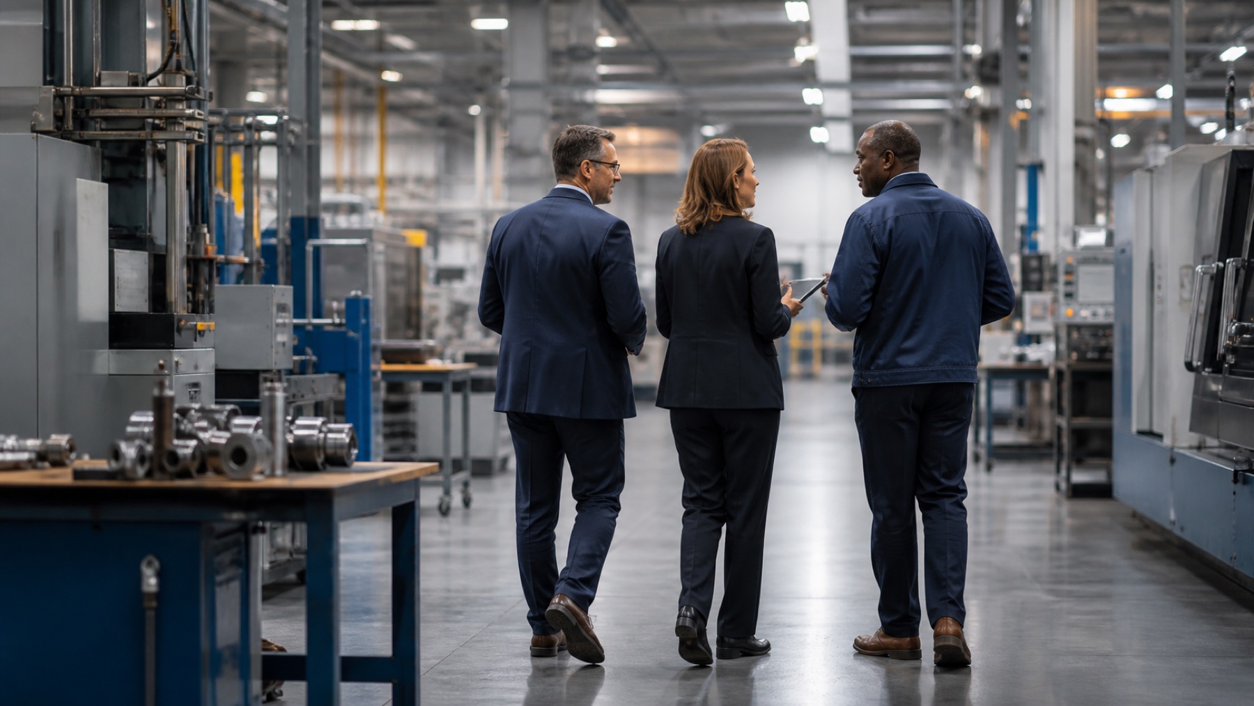 Investment and company leaders walking through an advanced manufacturing facility
